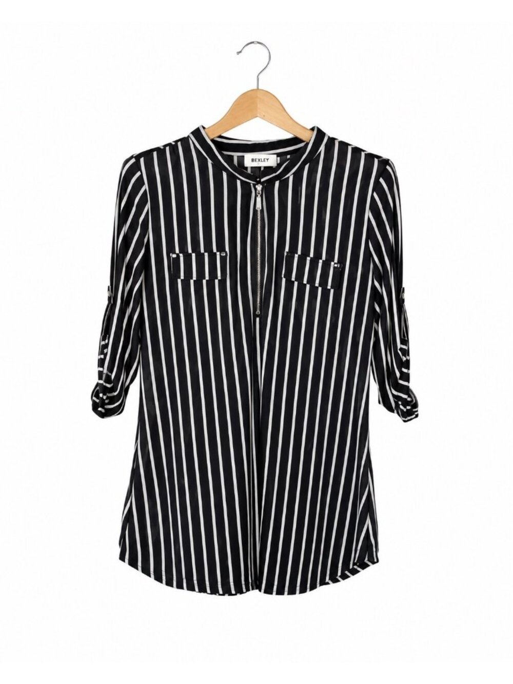 Black & White Striped Zip-Front Blouse With Roll-Tab Sleeves Collared Design And